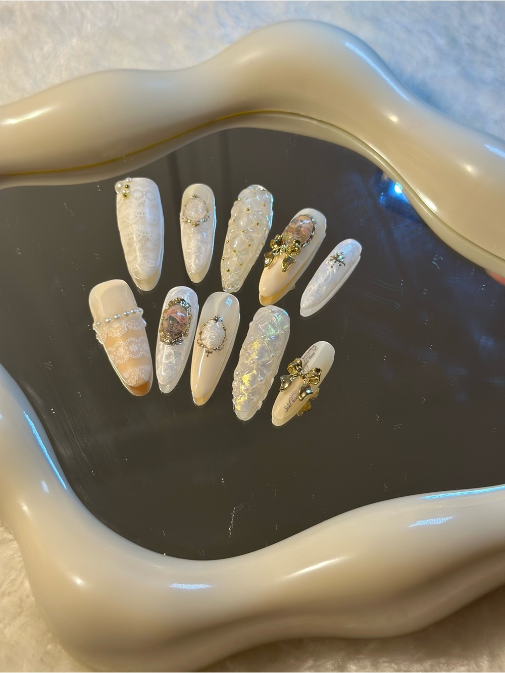 HANDMADE Victorian inspired lace and pearl gel press on nails